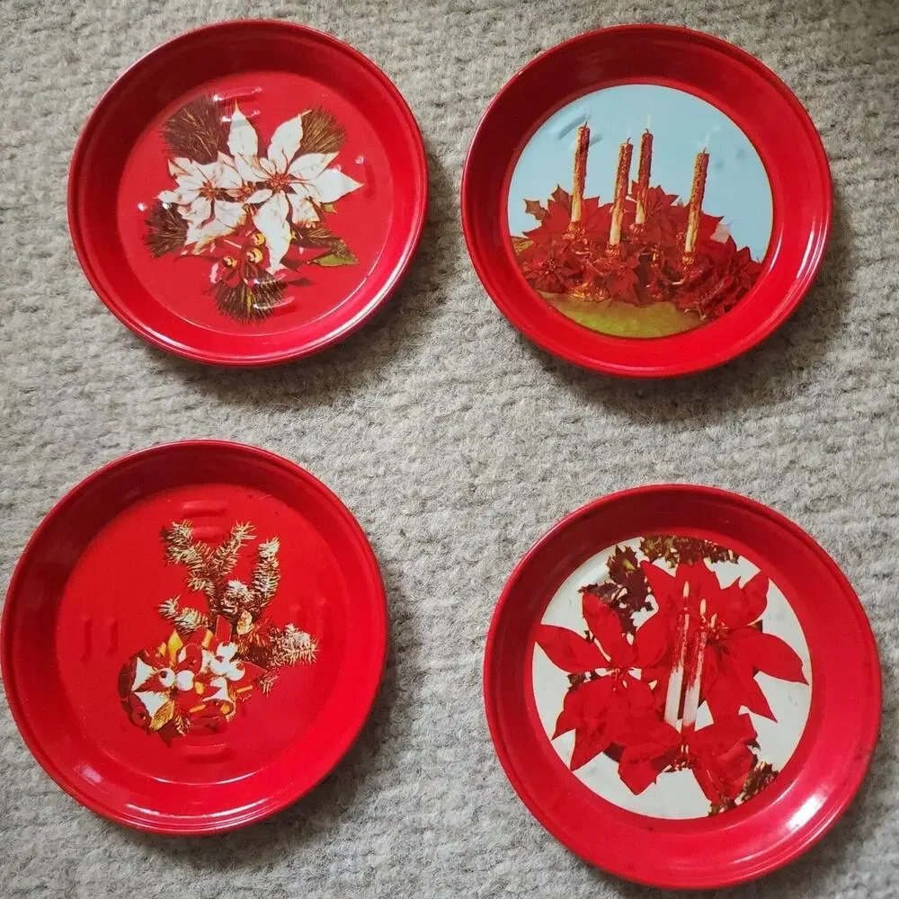 Vintage Atlantic Metal Christmas Coasters Set Of 4 See Pictures